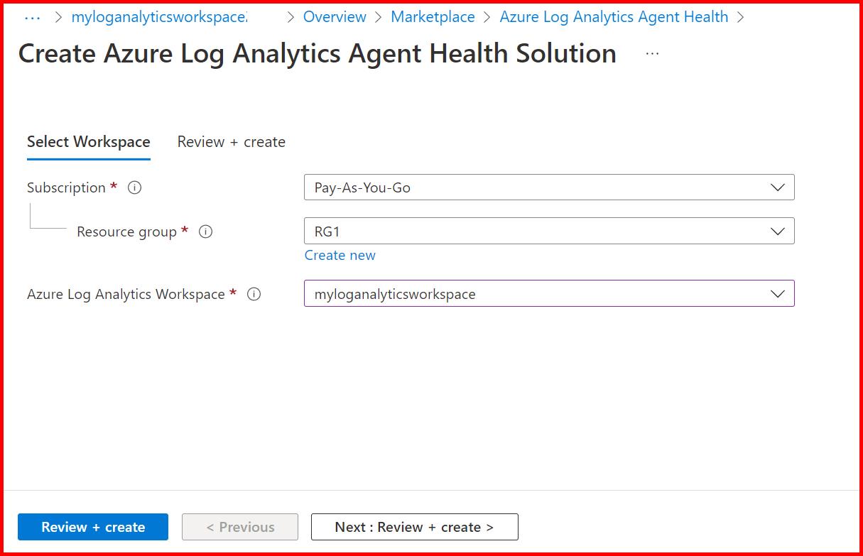 Picture showing the Create Azure Log Analytics Agent Health Solution screen
